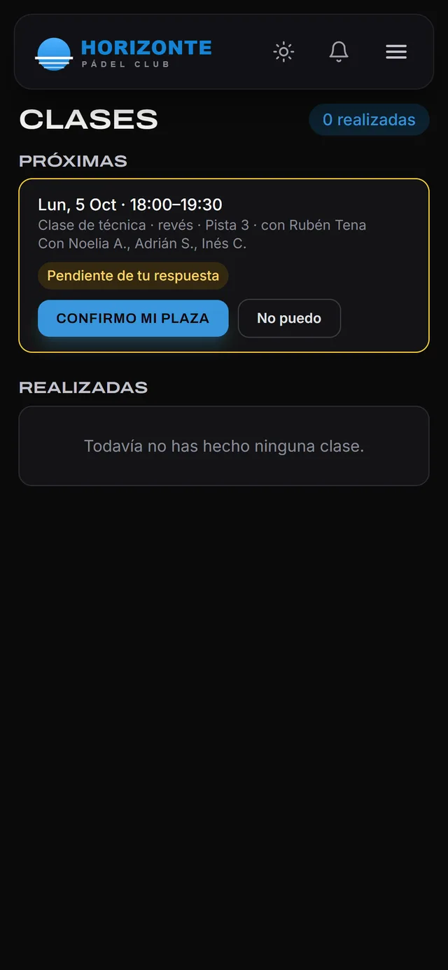 Clase propuesta en el móvil con los botones Confirmo mi plaza y No puedo