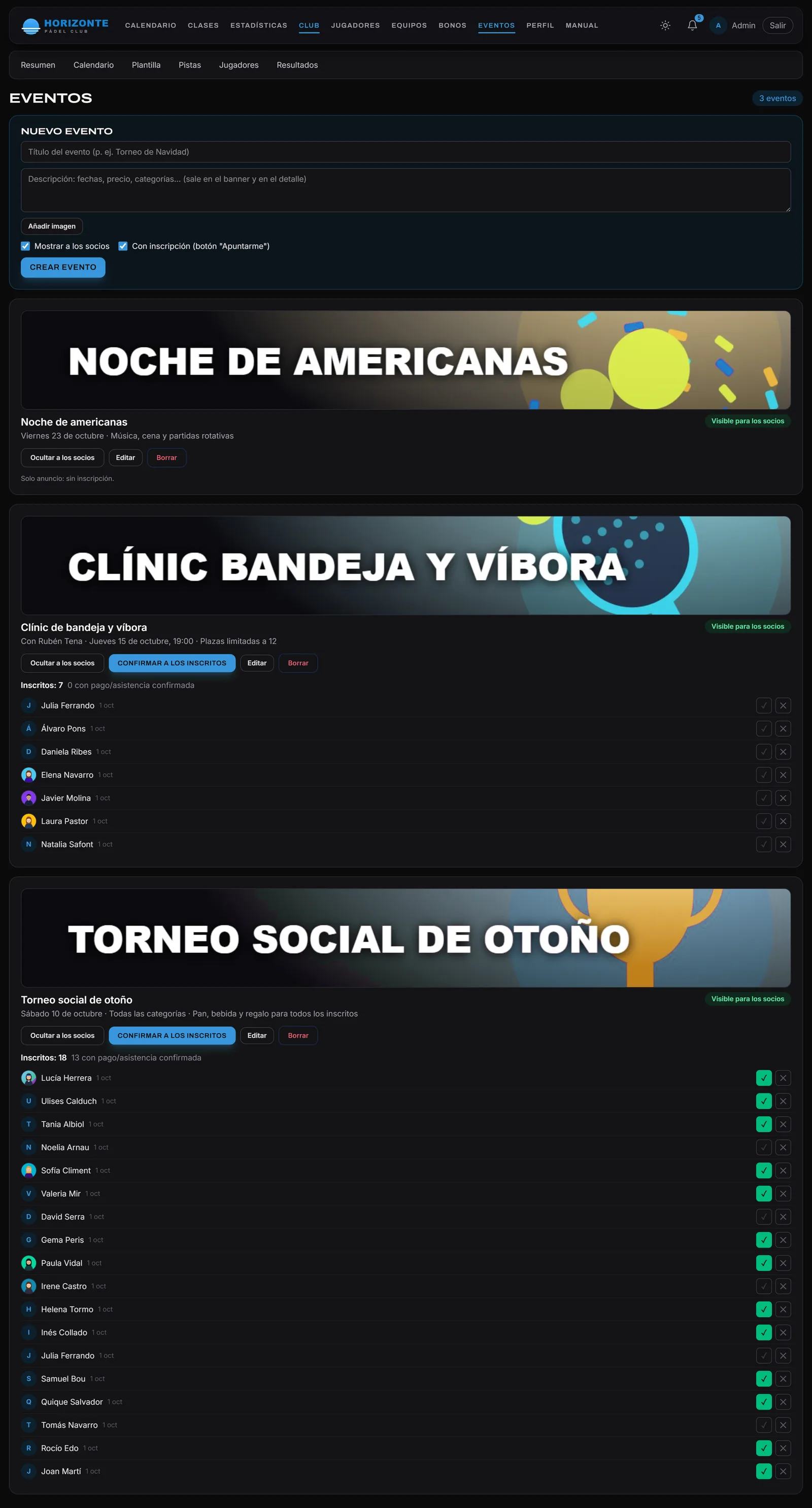 Gestión de eventos del club con lista de inscritos y confirmación