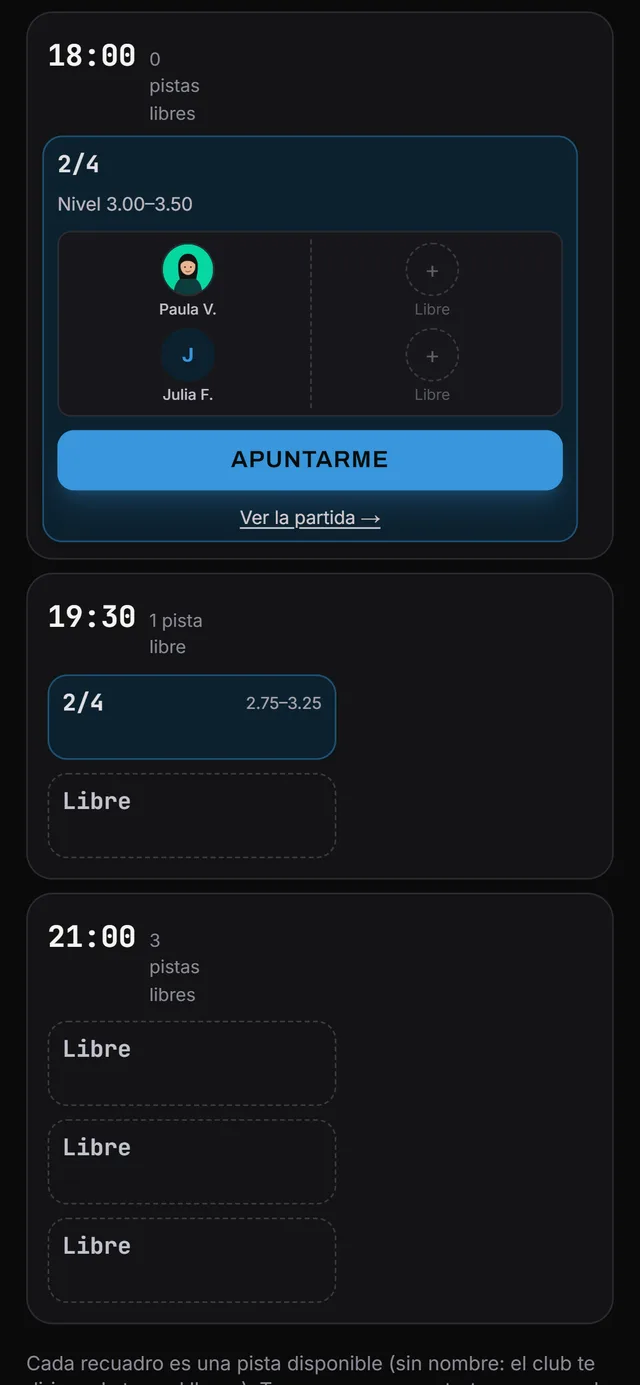 Partida abierta en el móvil: 2 de 4 jugadores, nivel 3.00–3.50 y botón Apuntarme