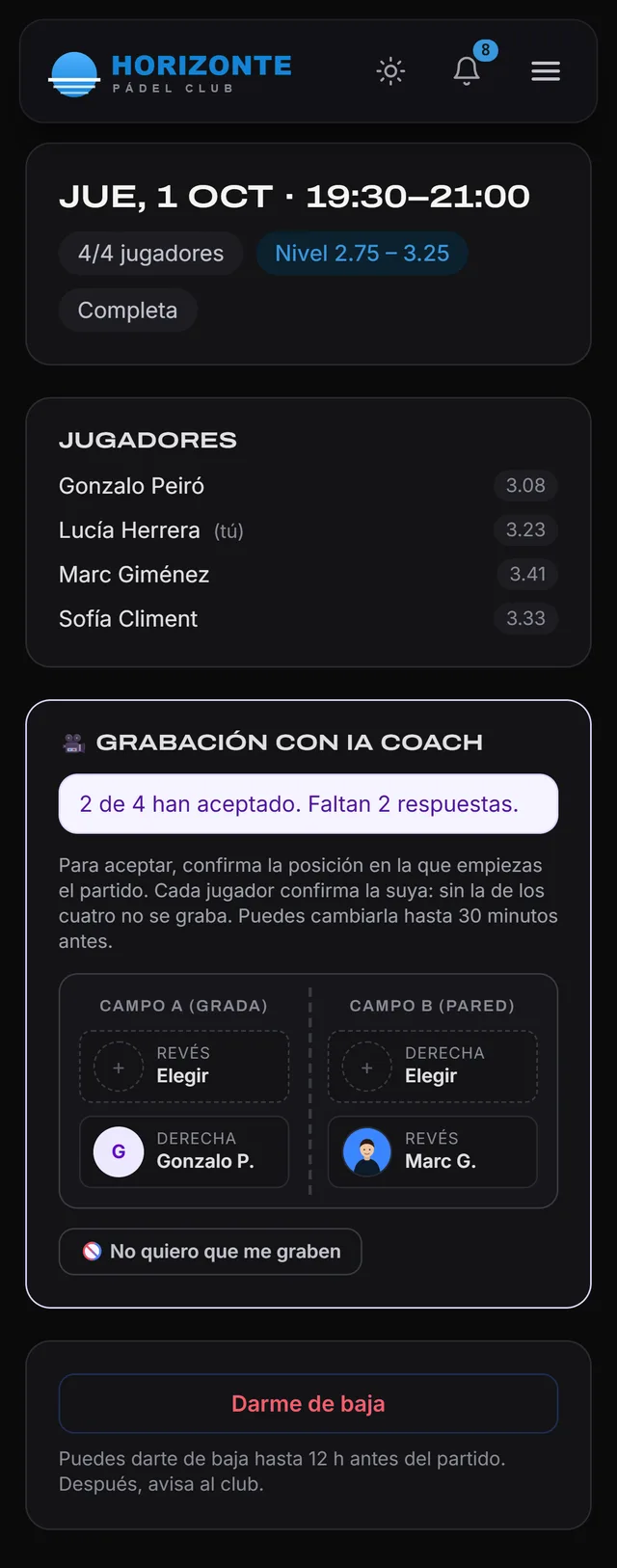 Panel de grabación con IA Coach en la ficha de la partida, con la elección de posición de cada jugador