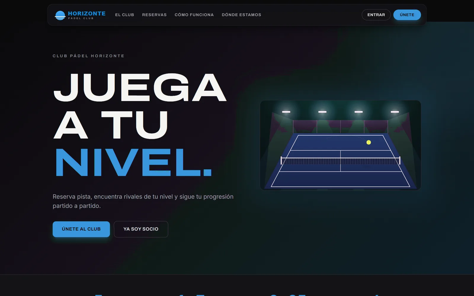 Portada pública de un club de ejemplo con su logo, su color y el titular Juega a tu nivel